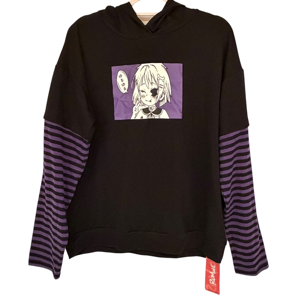 ROMWE Anime Graphic Hoodie Black Purple Striped Layered Sleeve E-Girl Streetwear